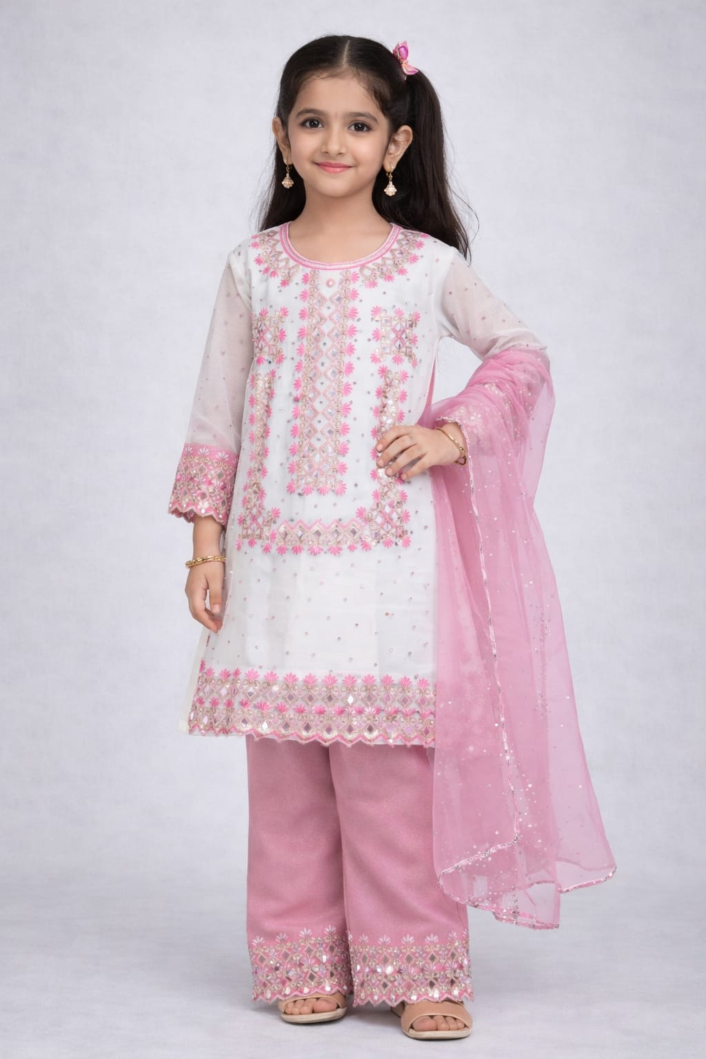 Girls White & Pink Embroidered Kurta Pant Set with Dupatta