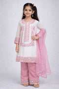 Girls White & Pink Embroidered Kurta Pant Set with Dupatta