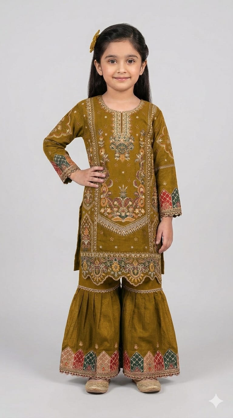 Teal Embroidered Kurta with Sharara Set for Girls
