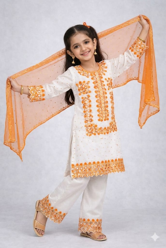 Girls White & Pink Embroidered Kurta Pant Set with Dupatta