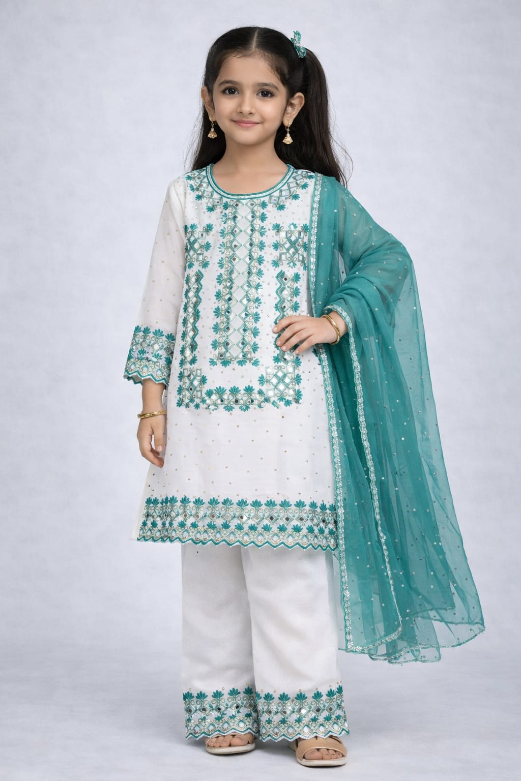 Girls White & Pink Embroidered Kurta Pant Set with Dupatta