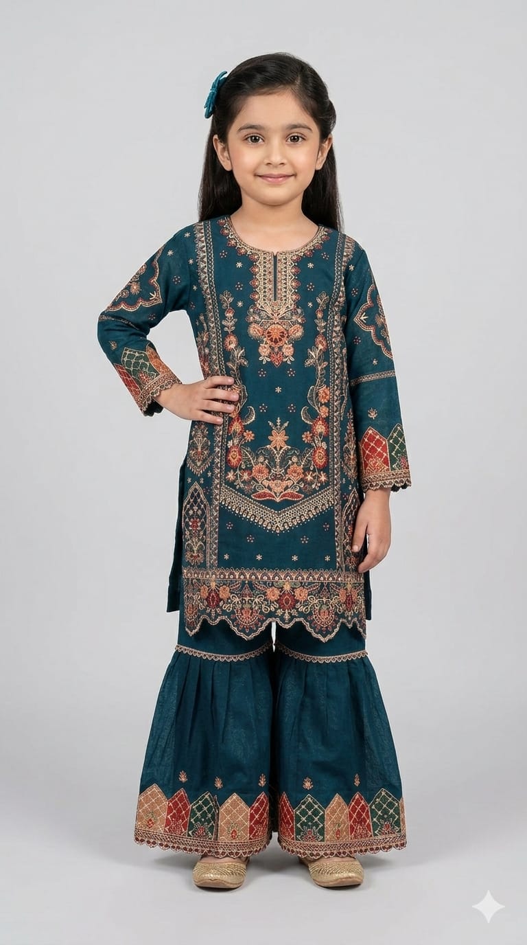 Teal Embroidered Kurta with Sharara Set for Girls