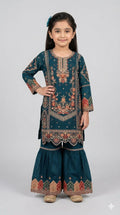 Teal Embroidered Kurta with Sharara Set for Girls