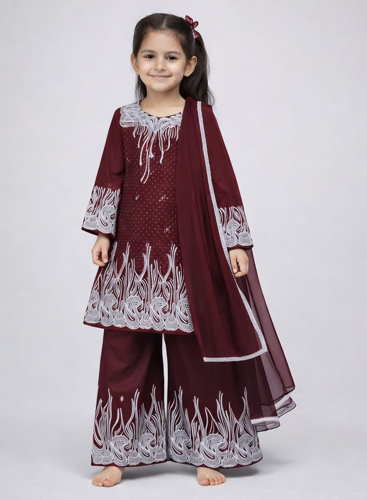 Girls Elegant Embroidered Kurta Sharara Set with Dupatta