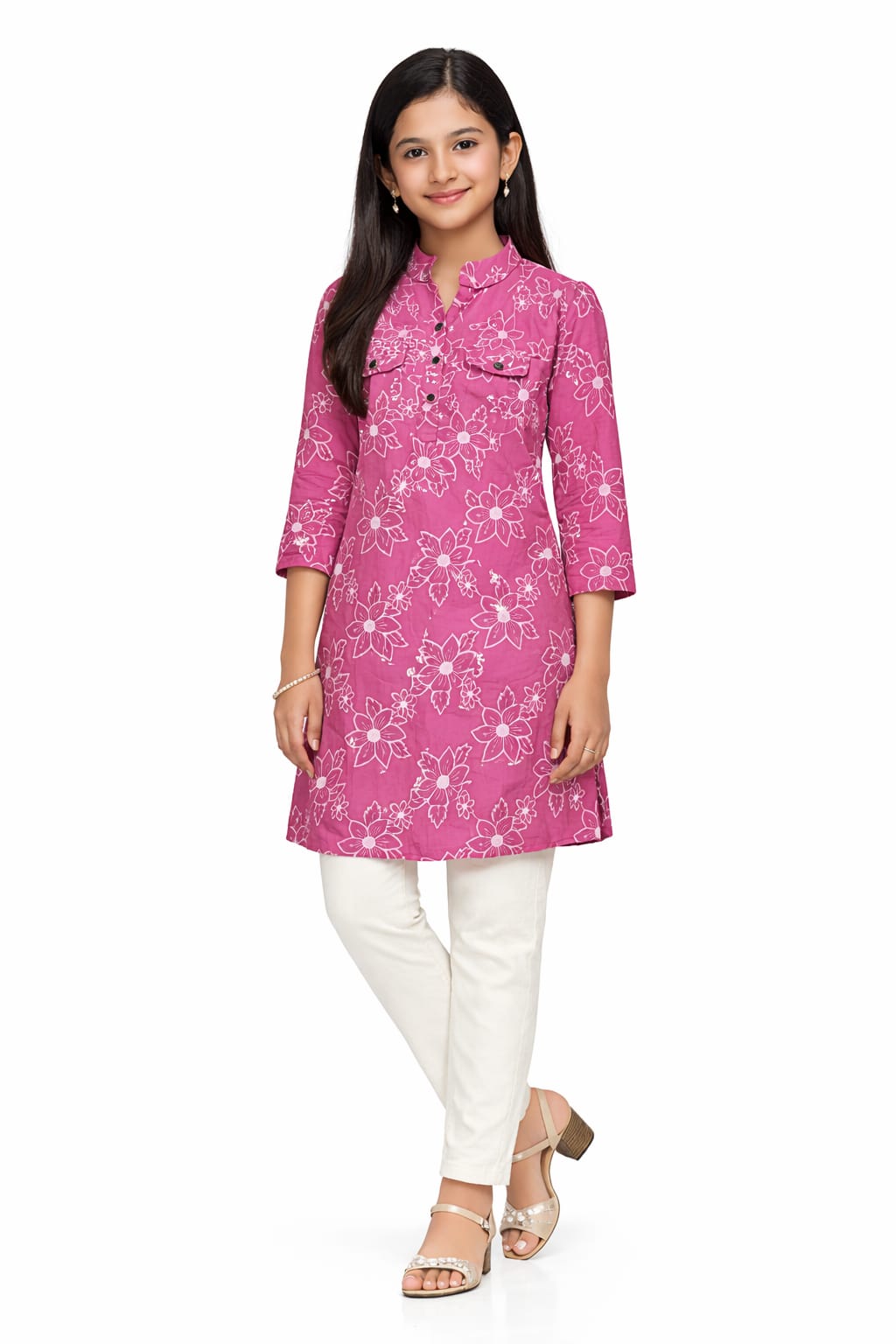 Girls Pink Floral Printed Kurta with Pants