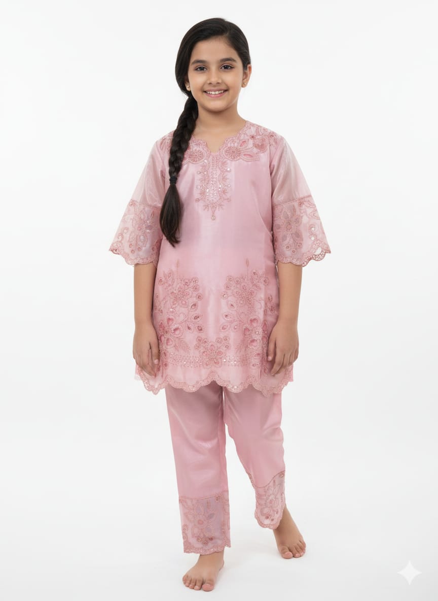 Girls Blush Pink Embroidered Kurta Pant Set