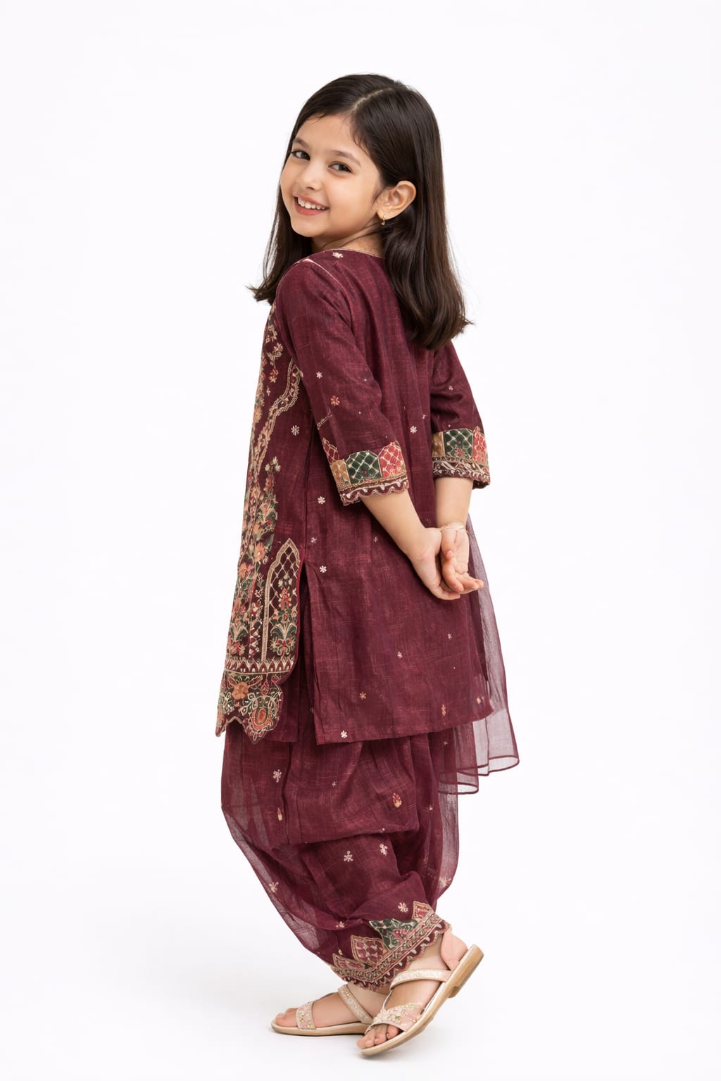 Girls Maroon Embroidered Kurta Sharara Set