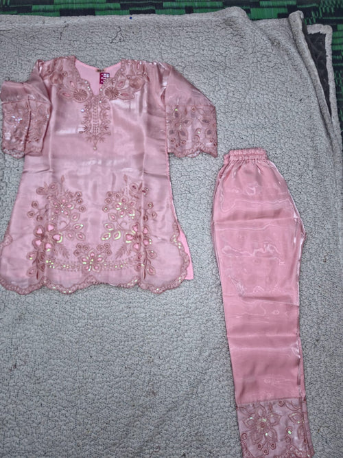 Girls Blush Pink Embroidered Kurta Pant Set