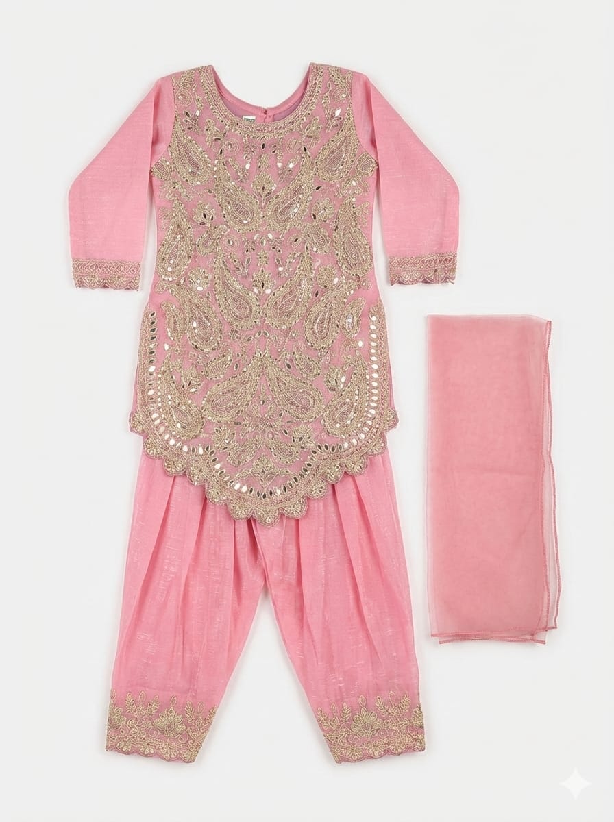 Girls Pink Heavy Embroidered Kurta Pant Set with Dupatta