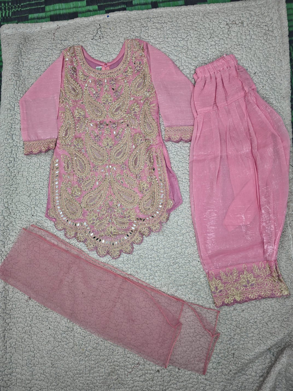 Girls Pink Heavy Embroidered Kurta Pant Set with Dupatta