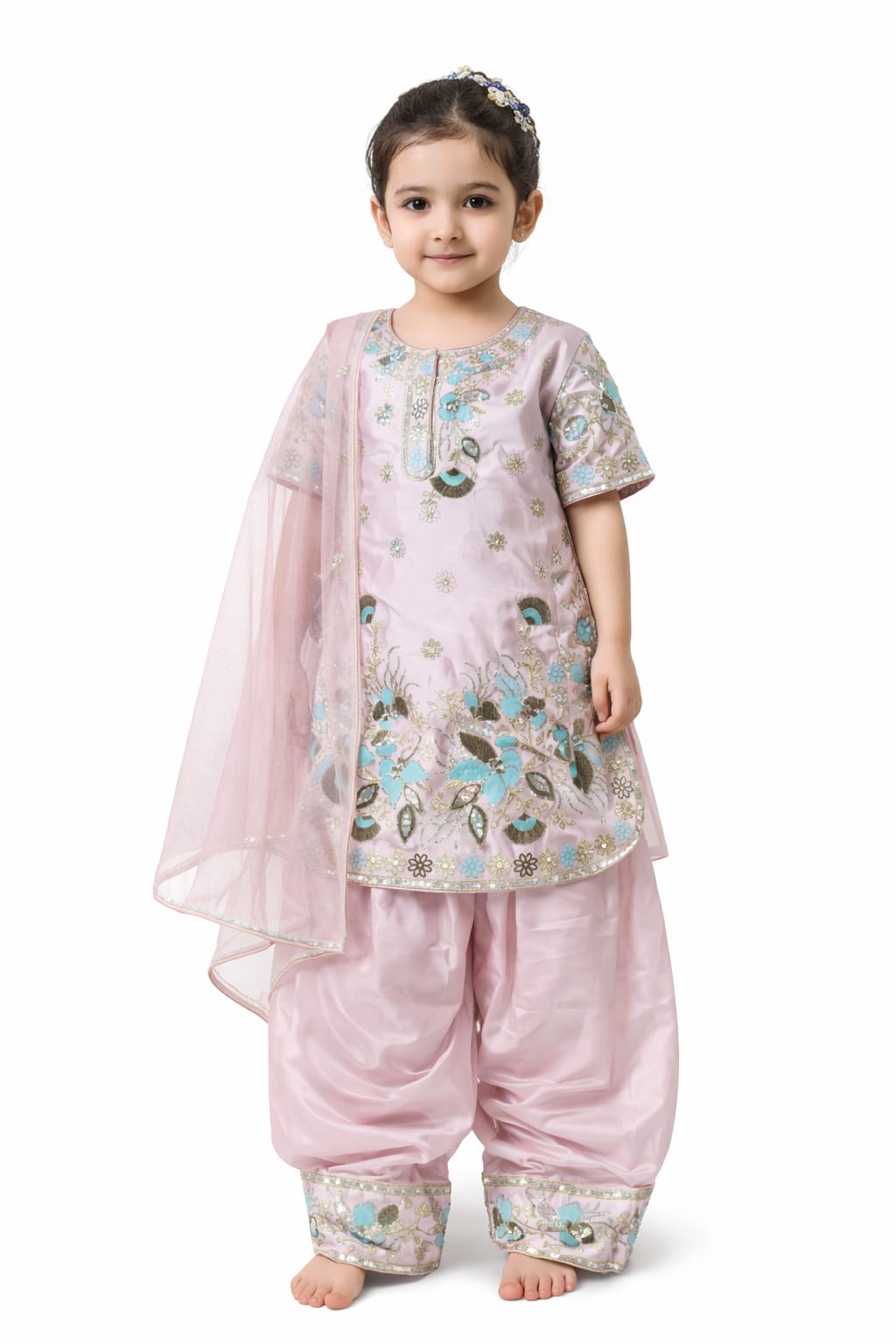 Girls Pastel Pink Embroidered Kurta Patiala Set with Dupatta