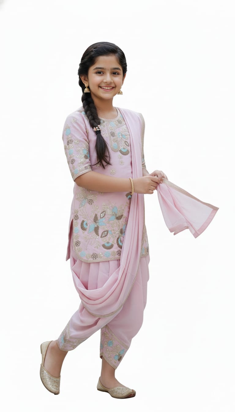 Girls Pastel Pink Embroidered Kurta Patiala Set with Dupatta