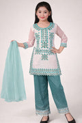 Girls Mint Green Embroidered Kurta Pant Set with Dupatta