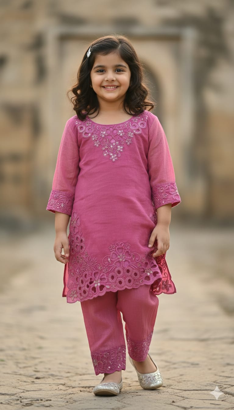 Girls Rose Pink Embroidered Kurta Pant Set