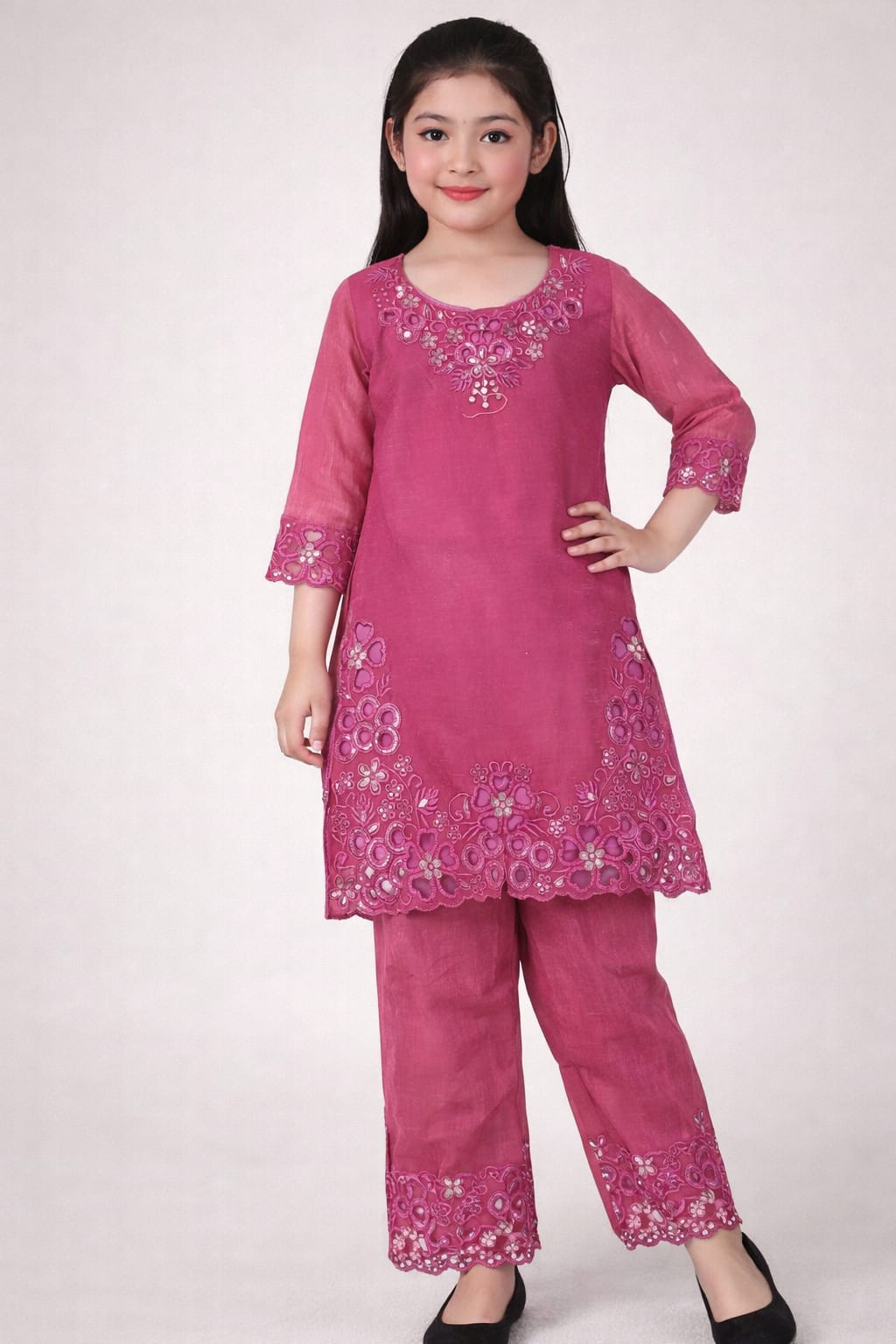 Girls Rose Pink Embroidered Kurta Pant Set