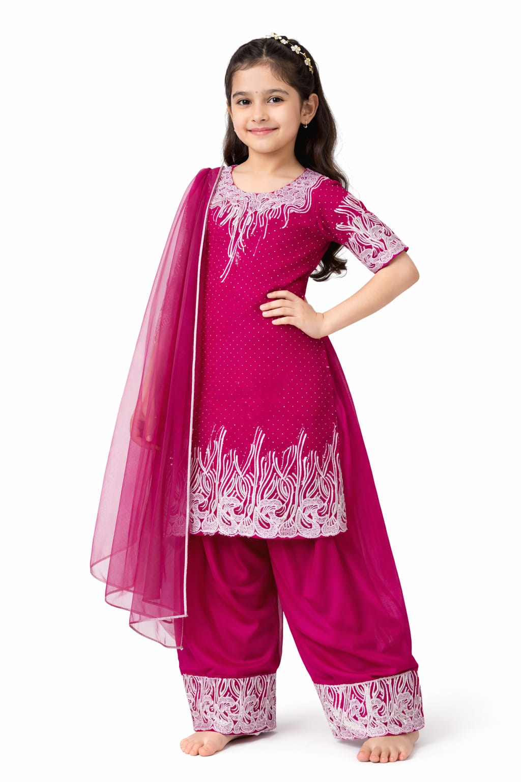 Girls Fuchsia Pink Embroidered Kurta Patiala Set with Dupatta