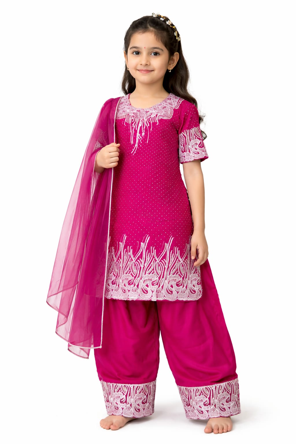Girls Fuchsia Pink Embroidered Kurta Patiala Set with Dupatta