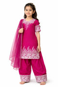 Girls Fuchsia Pink Embroidered Kurta Patiala Set with Dupatta