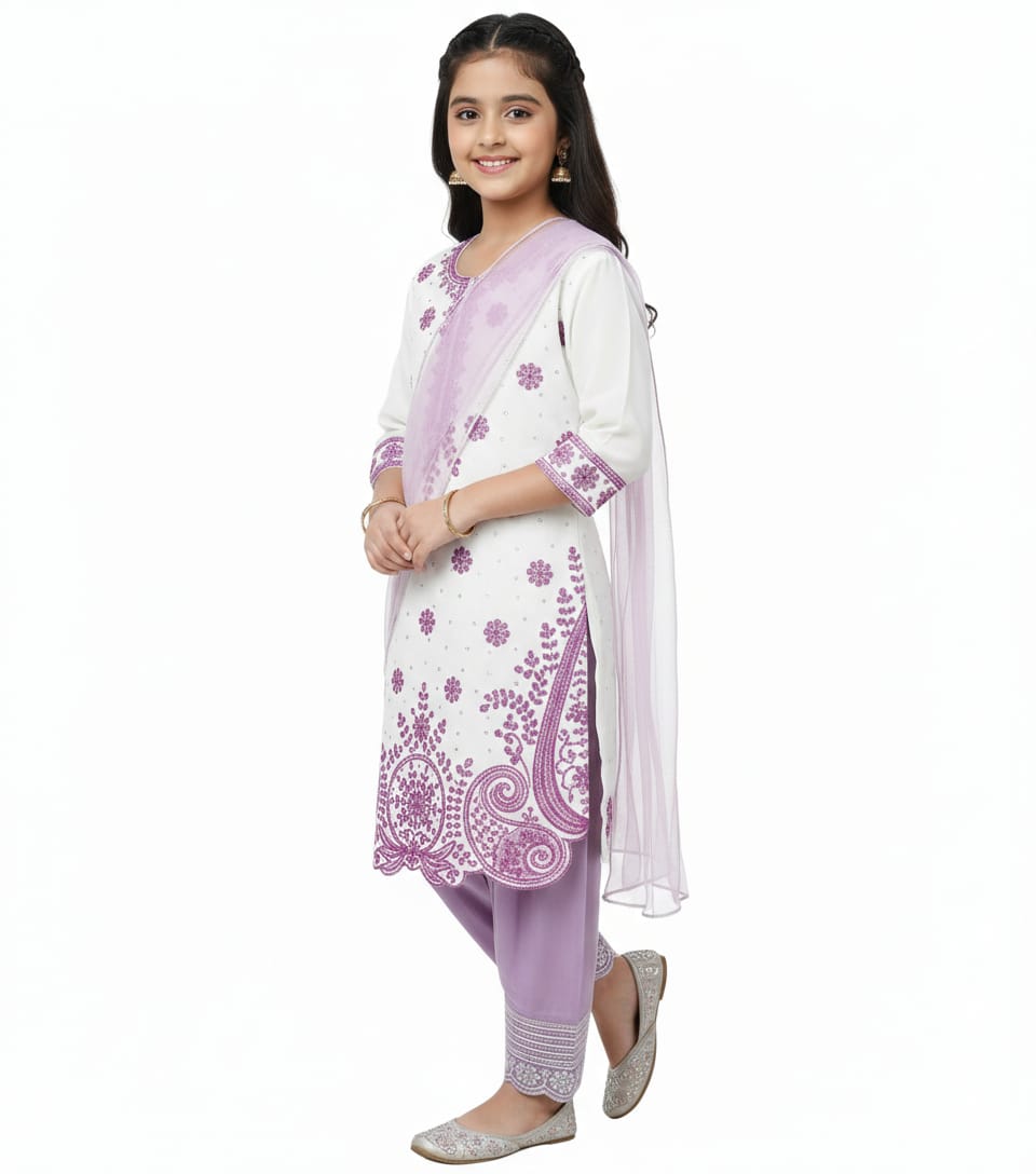Girls Lavender Embroidered Kurta Pant Set with Dupatta