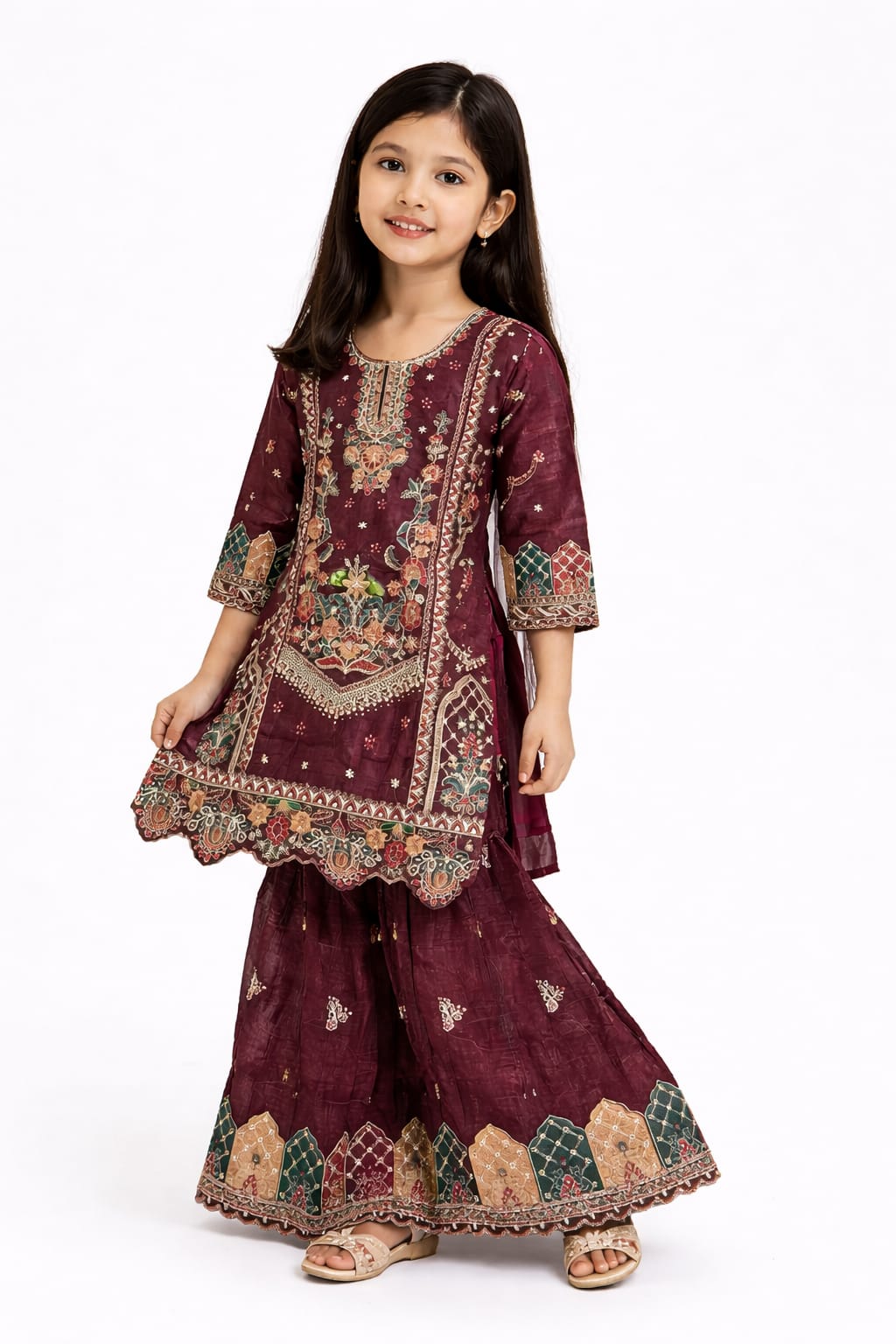 Girls Maroon Embroidered Kurta Sharara Set