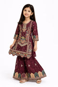 Girls Maroon Embroidered Kurta Sharara Set