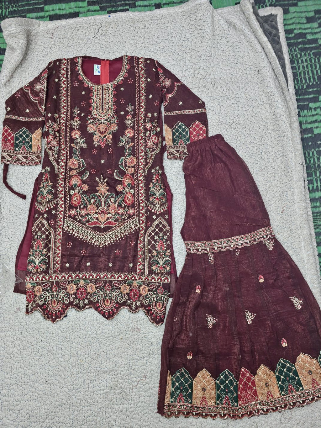 Girls Maroon Embroidered Kurta Sharara Set