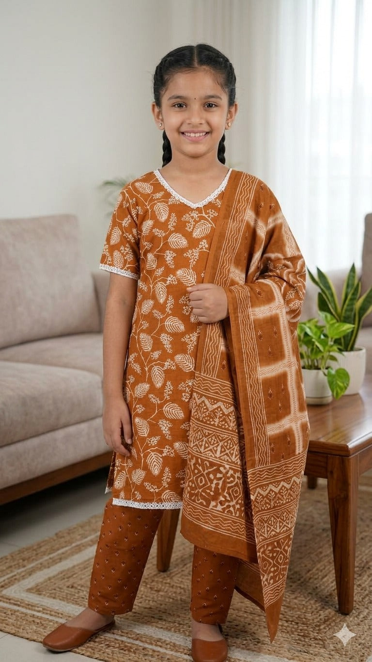 Rust Floral Cotton Kurti Set with Dupatta