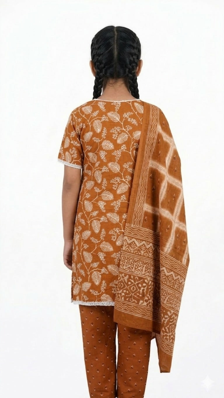 Rust Floral Cotton Kurti Set with Dupatta
