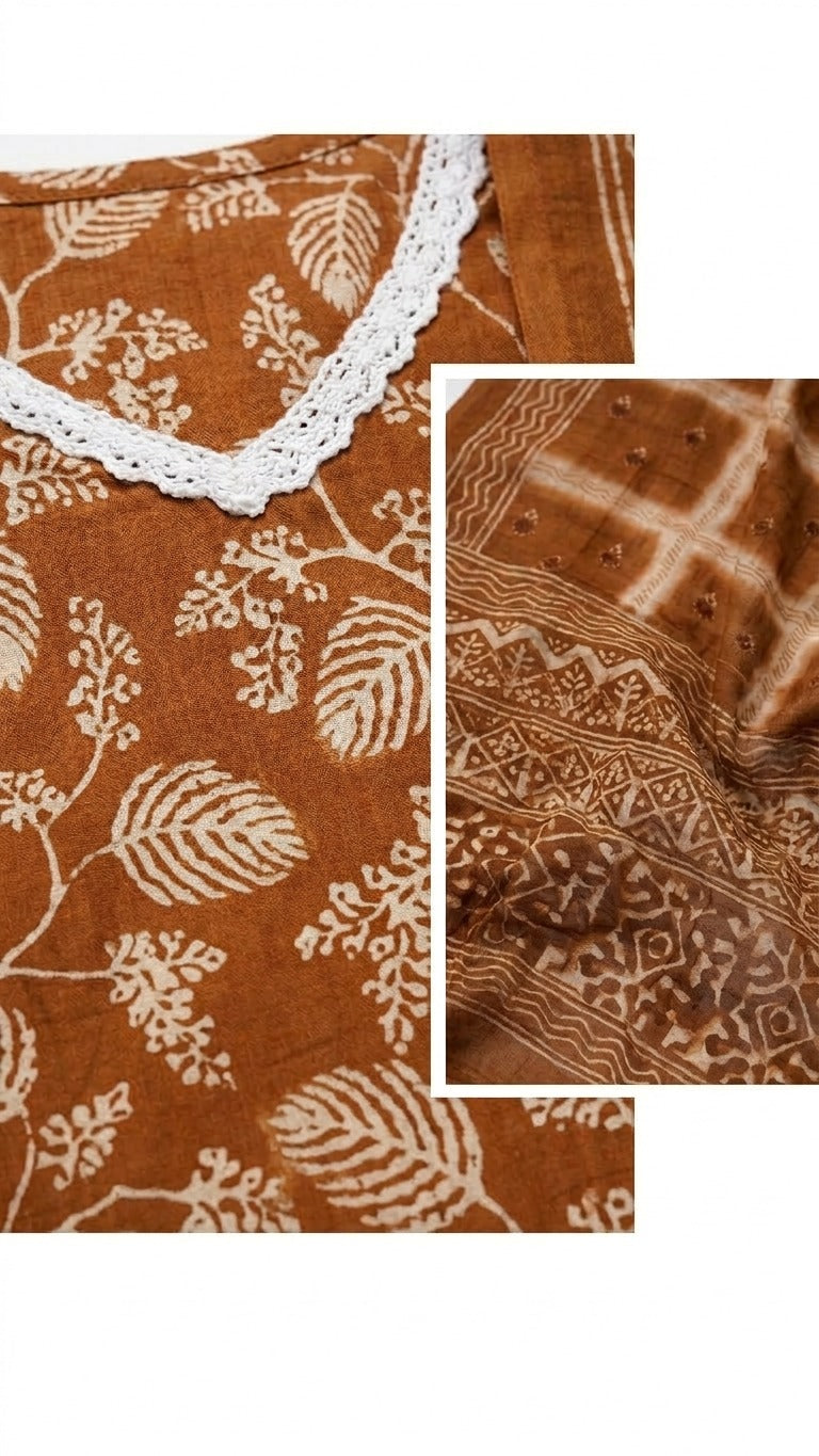 Rust Floral Cotton Kurti Set with Dupatta