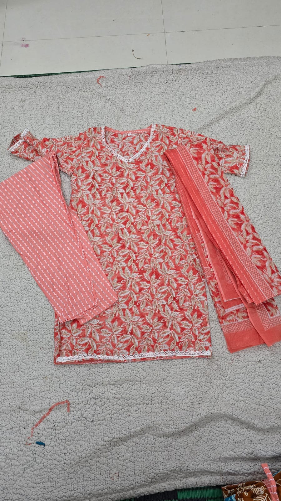 peach floral cotton kurti set
