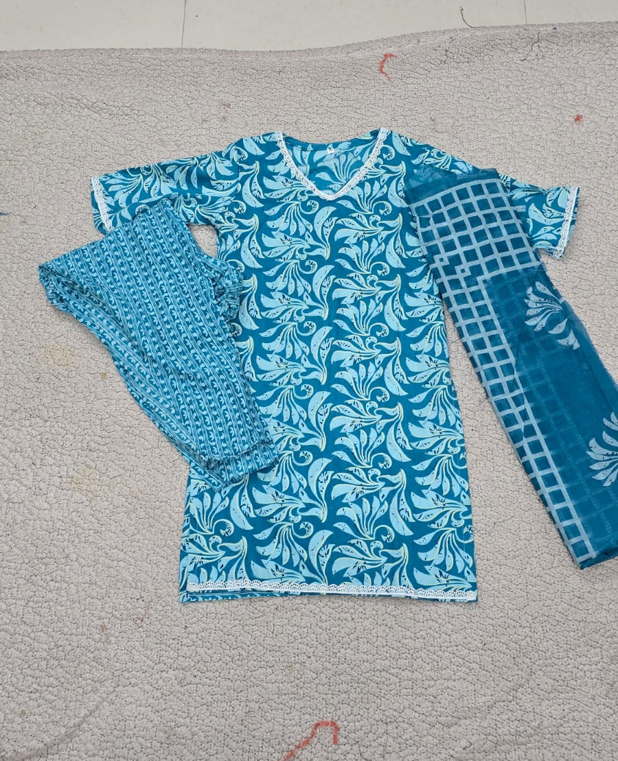 Blue printed cotton kurti set