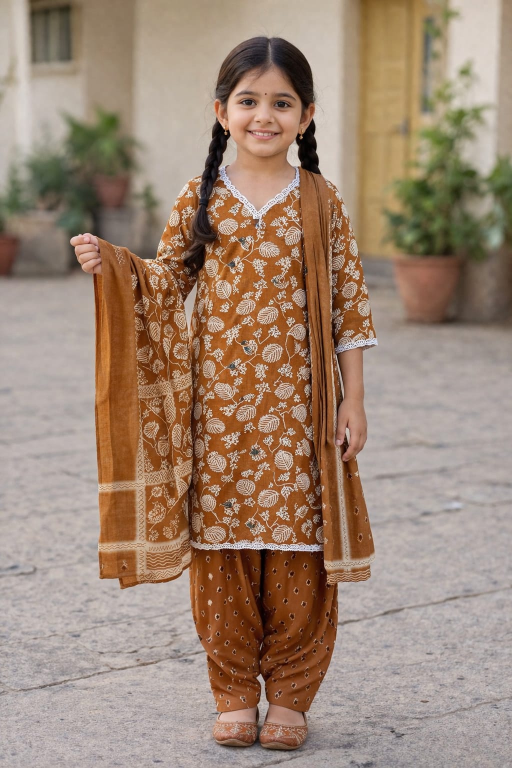 Rust Floral Cotton Kurti Set with Dupatta