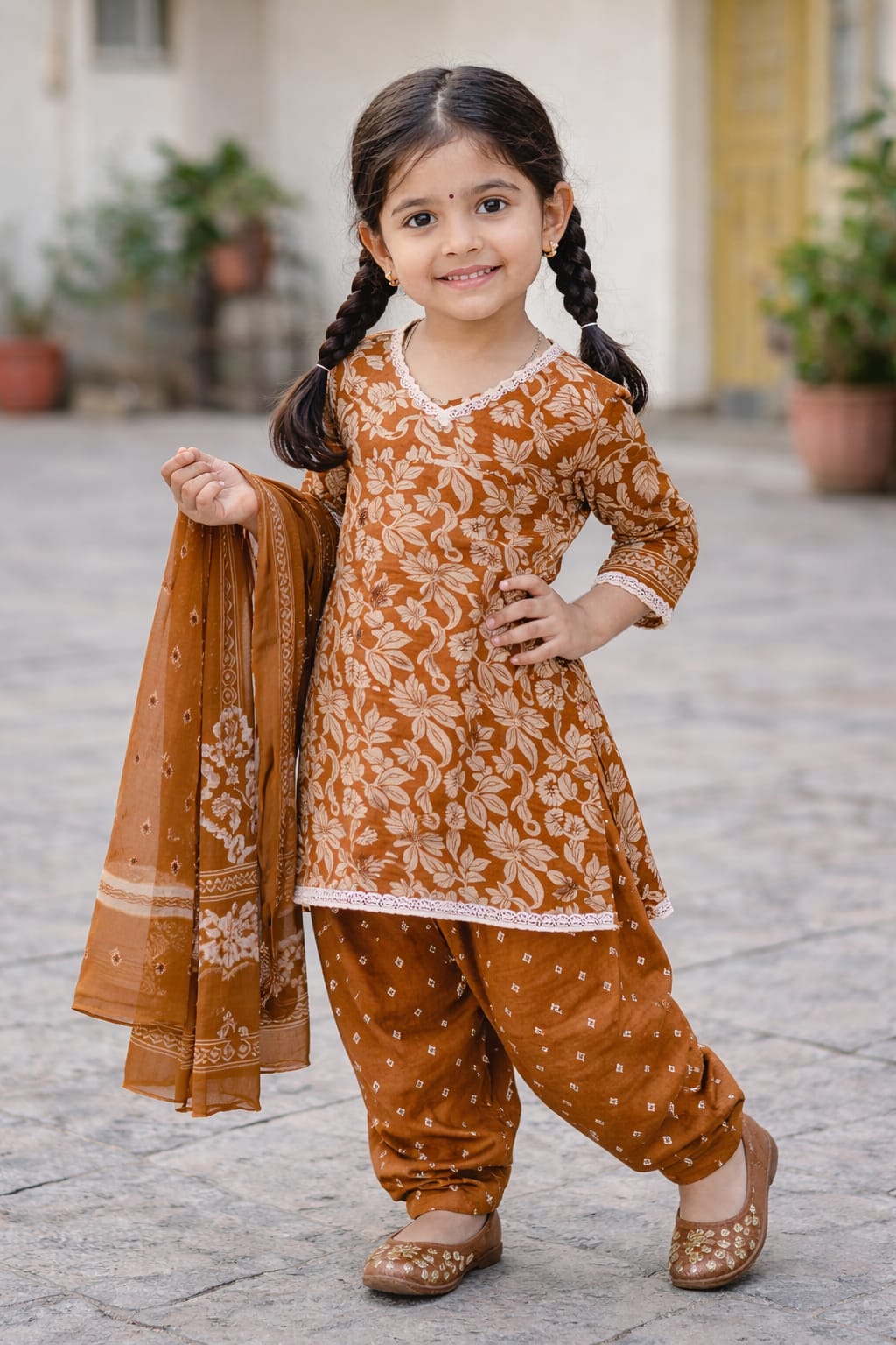 Rust Floral Cotton Kurti Set with Dupatta