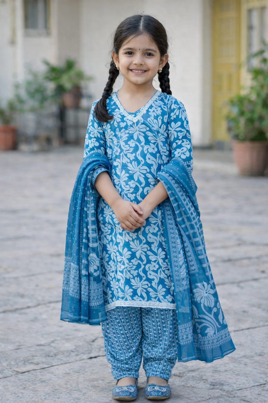 Blue printed cotton kurti set