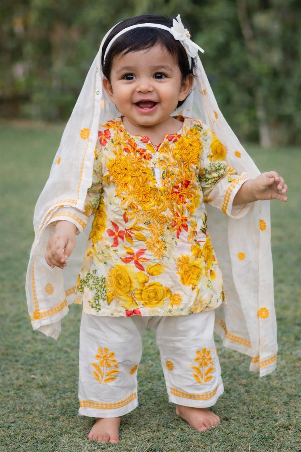Adorable Yellow Floral Embroidered Kids Suit Set