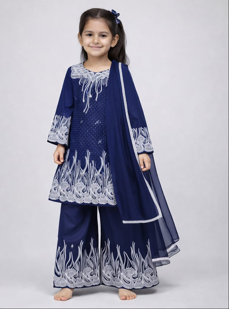 Girls Elegant Embroidered Kurta Sharara Set with Dupatta
