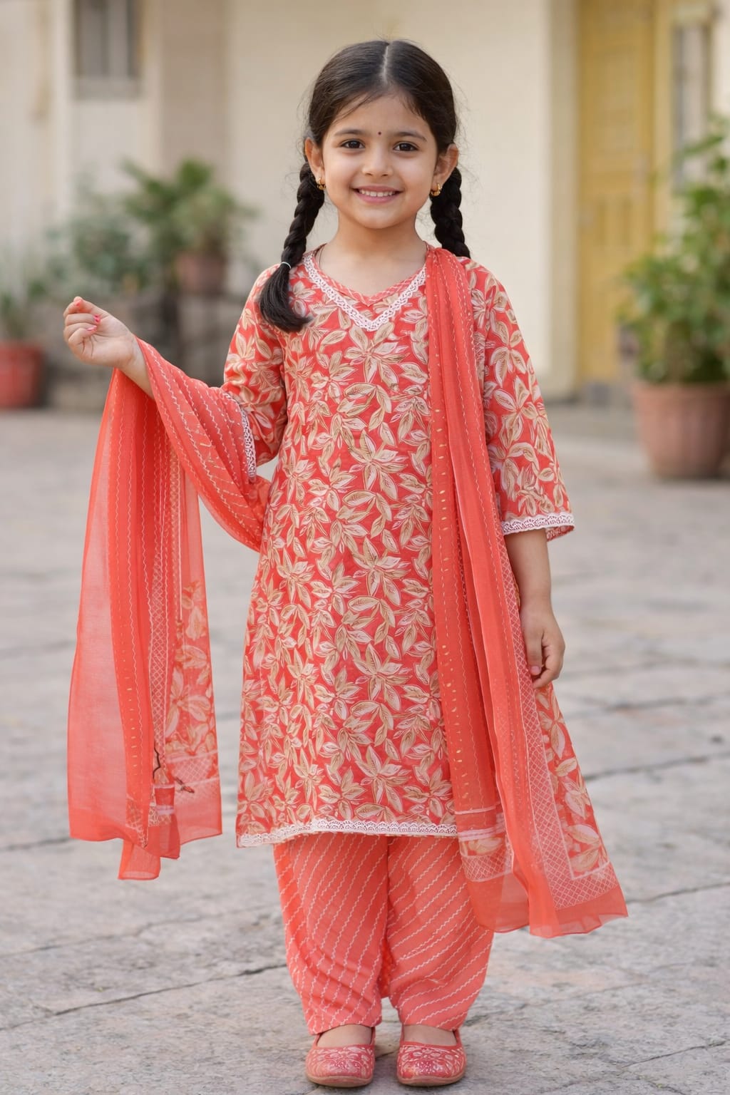 peach floral cotton kurti set