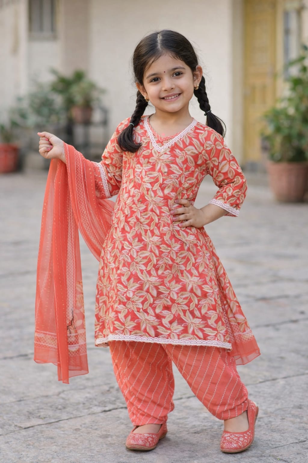 peach floral cotton kurti set