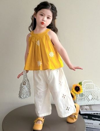 Girls Yellow Floral Top & White Pants Set